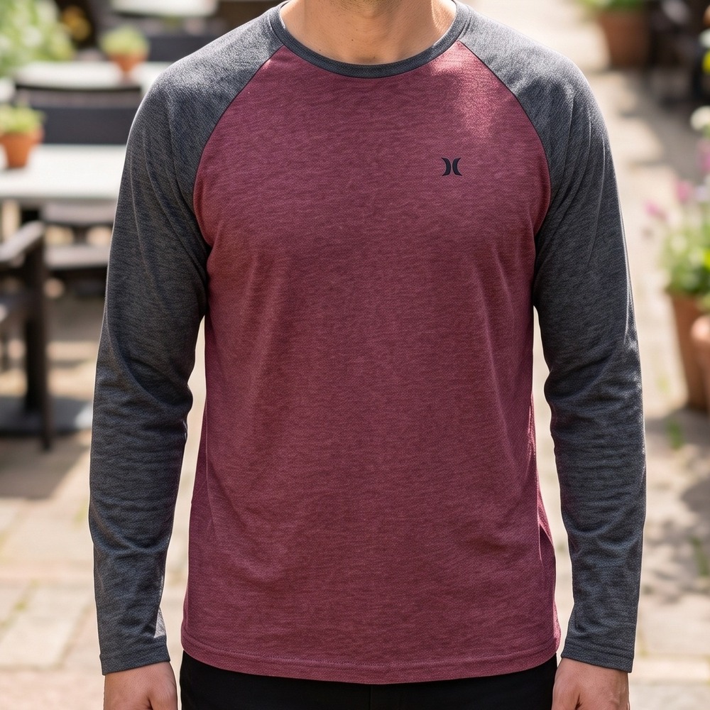 Hurley Mens Raglan Long Sleeve T-Shirt Burgundy Grey Heathered Surf Tee 1553075
